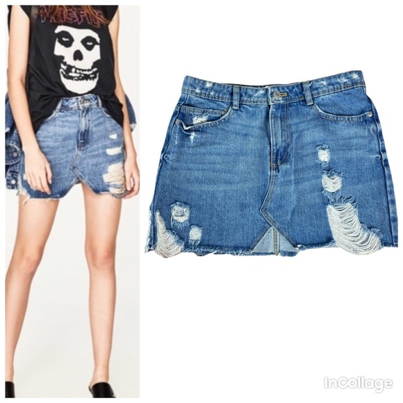 Zara Distressed Denim Mini Skirt Blue Wash 100% cotton Size S - Picture 1 of 15
